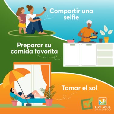Compartir una selfie; Preparar su comida favorita; Tomar el sol