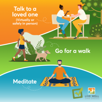 Talk to a loved one (virtually or safely in person); Go for a walk; Meditate