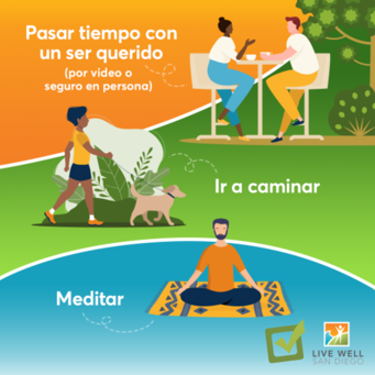 Pasar tiempo con un ser querido (por video o seguro en persona); Ir a caminar; Meditar