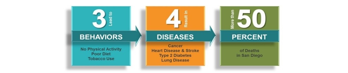 Graphic showing that throughout the nation and locally three behaviors (poor nutrition, lack of physical activity and tobacco use) were contributing to four diseases (heart disease/stroke, cancer, type-2 diabetes and respiratory conditions) that resulted in over 50% of the deaths in the nation