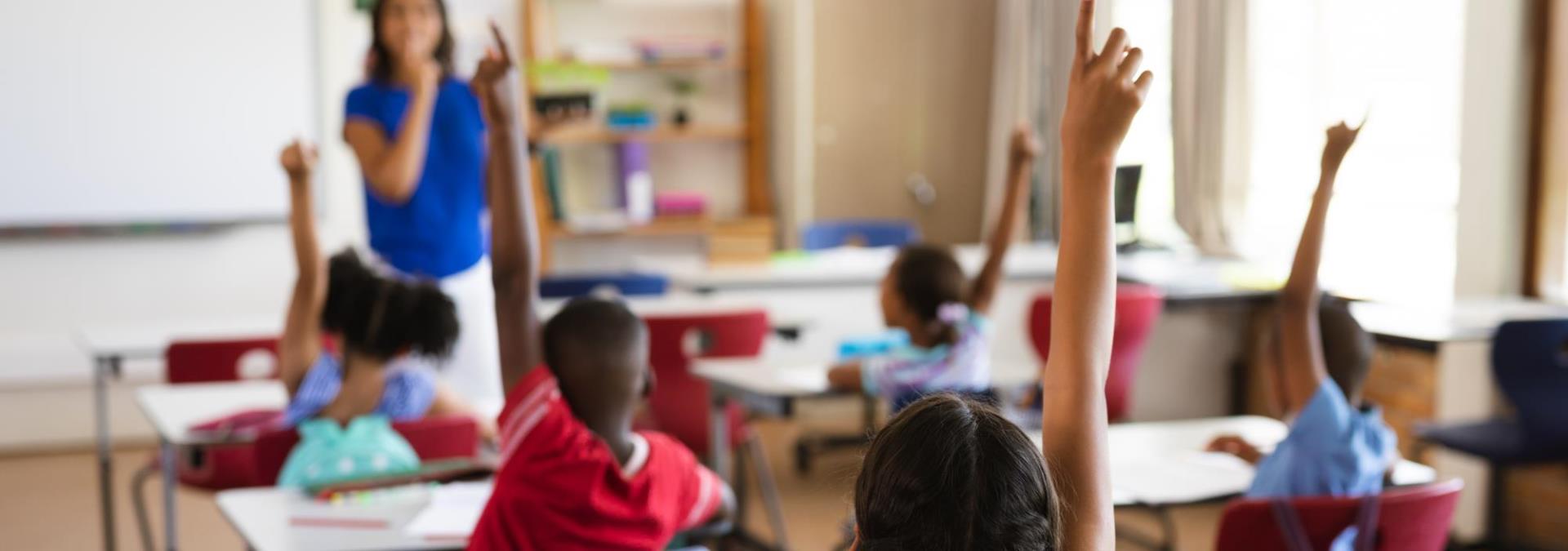 Elementary school students raising their hands in a classroom