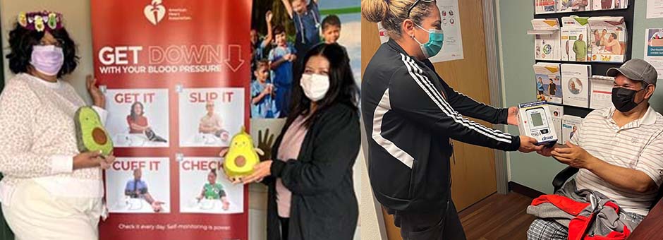 Two women holding avocado toys and another nurse providing a blood pressure monitor to a patient