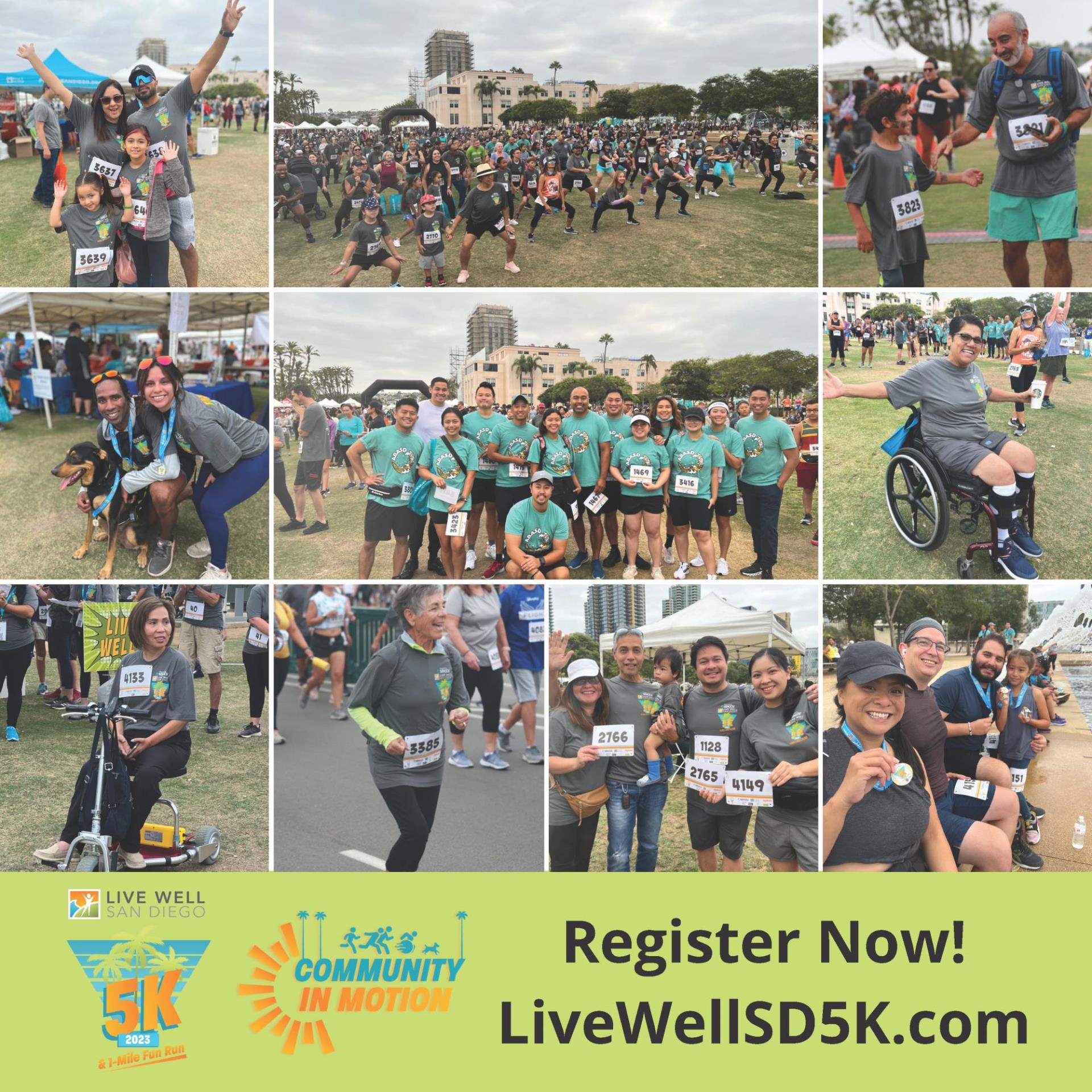 collage of photos showing families and friends enjoying their morning at the Live Well San Diego 5K