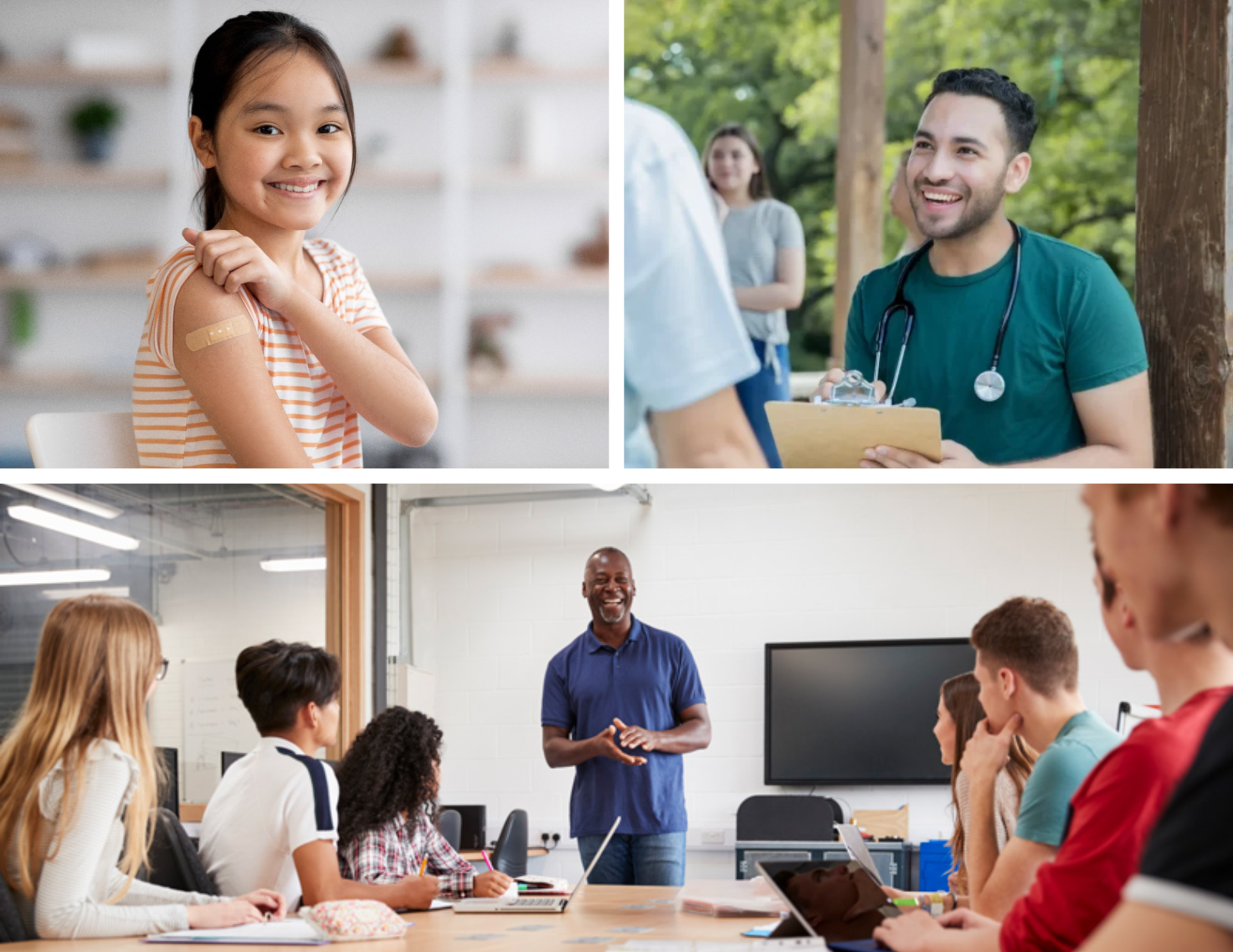 Collage of students learning about public health and getting vaccinated