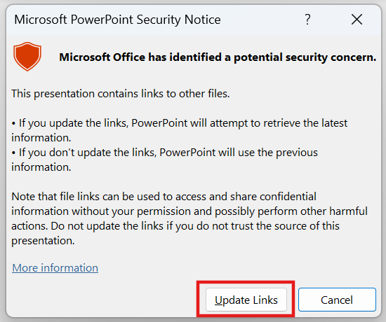 powerpoint pop-up asking to update links