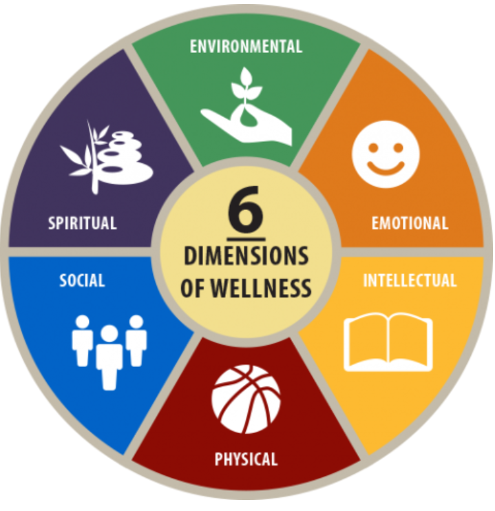 6 Dimensions of Wellness: Environmental, Emotional, Intellectual, Physical, Social, Spiritual